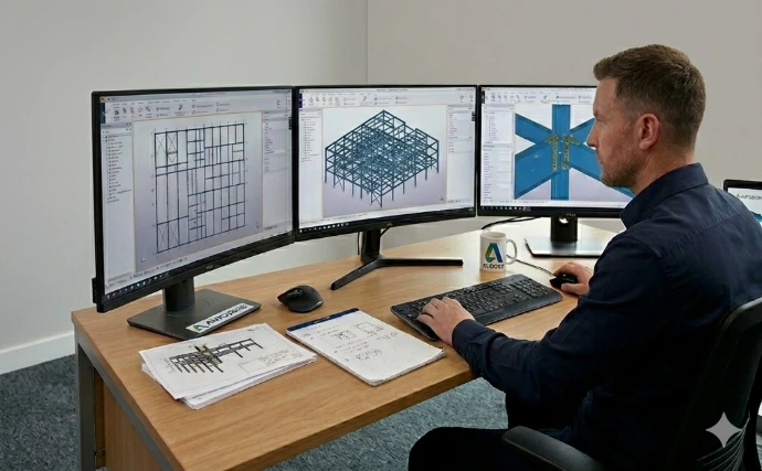 Percy James Engineering team member reviewing structural steel drawings across three monitors